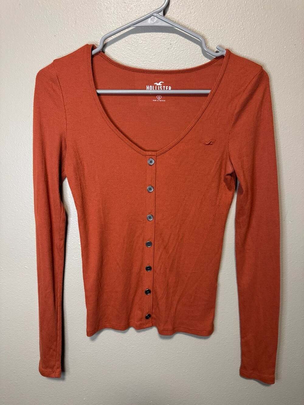Hollister Button Front Long Sleeve Top Size S Rust Ribbed Scoop Neck
